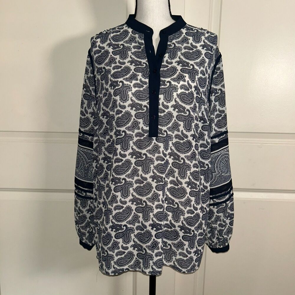 NWOT MICHAEL Michael Kors Sz 1X Navy White Paisley Tunic Blouse Long Sleeve